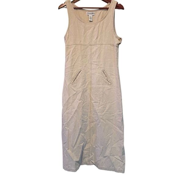 Vtg Womens Linen Blend Maxi Dress S Khaki Jumper Minimalist Lagom Modest Pocket - Picture 1 of 5